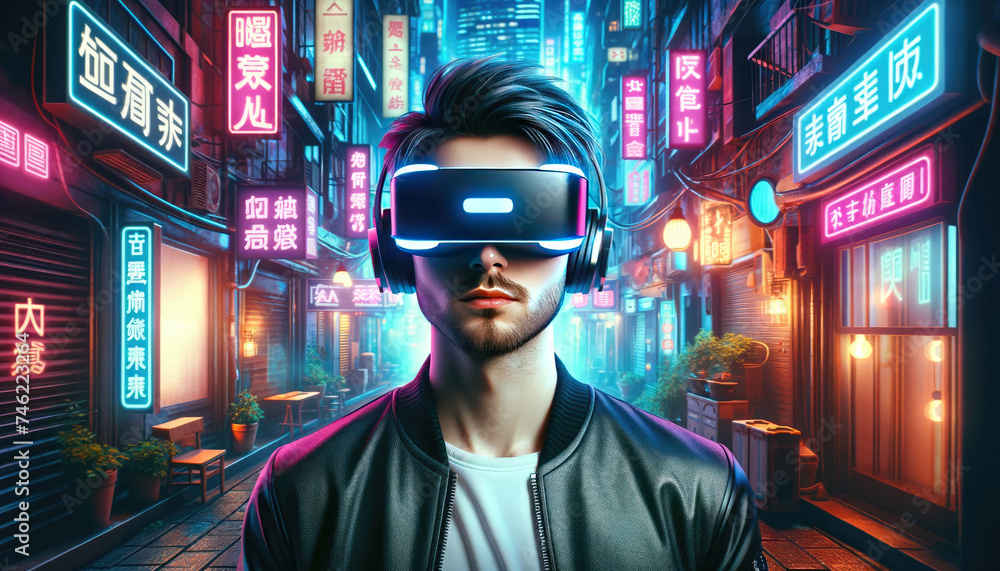 A young man wearing a virtual reality headset is immersed in a vibrant, neon-lit urban alleyway, experiencing futuristic digital worlds. A young man wearing a virtual reality headset is immersed in a vibrant, neon-lit urban alleyway, experiencing futuristic digital worlds.