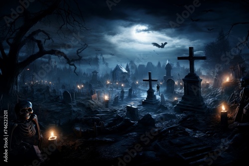 Creepy Skeletons cemetery risen. Spooky dead. Generate Ai photo