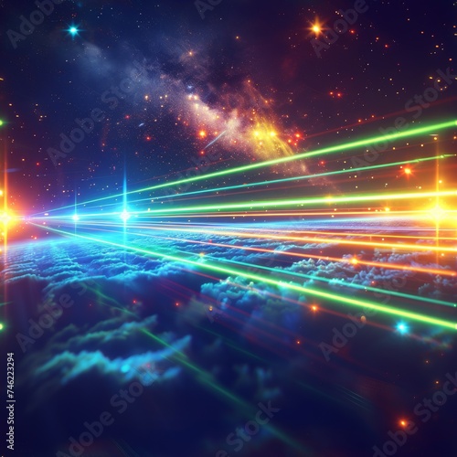 Vibrant cosmic scene with colorful laser beams streaking across a star-filled galaxy, representing high-speed data transfer or futuristic travel concepts