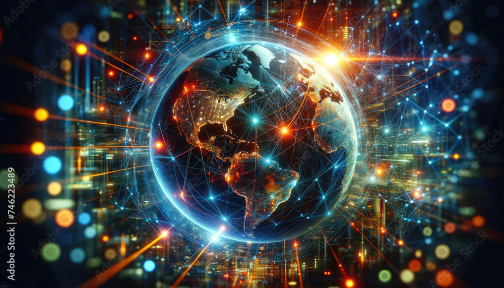 A digital representation of Earth with a glowing network of connections, illustrating global communication and technology interconnectivity. A digital representation of Earth with a glowing network of connections, illustrating global communication and technology interconnectivity.