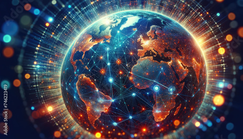 A digital representation of Earth with a glowing network of connections, illustrating global communication and technology interconnectivity.
