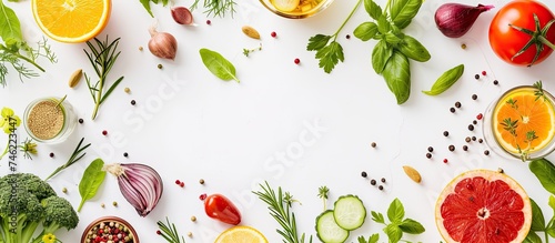 A top view of a white table filled with an array of fresh and colorful fruits, vegetables, herbs, and spices, providing a diverse selection of healthy food and drink options.