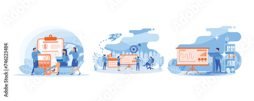 Financial management. People work together making a plan on a board. Business planning, management, organization, success strategy.  Set flat vector modern illustration 