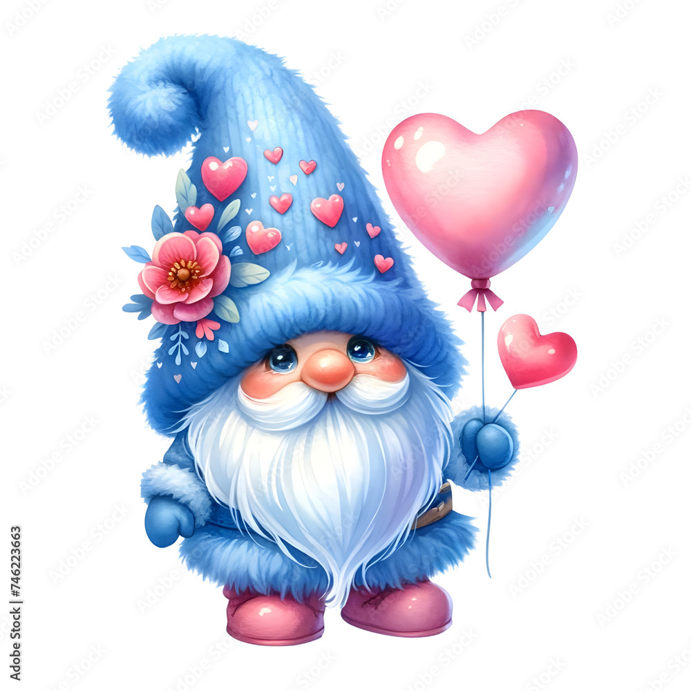 Obraz premium Gnome in love Fur Hat Blue Watercolor clipart PNG