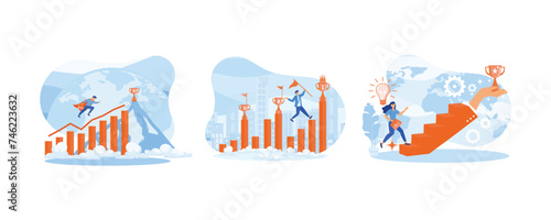 Businessman jumping on the graph to goal. Business idea.  Inspiration for success. Set flat vector modern illustration 