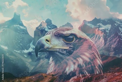 A regal eagle superimposed with the rugged peaks of a mountain range in a double exposure photo