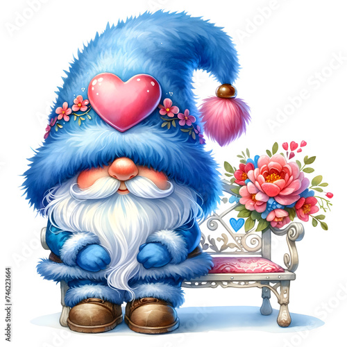 Gnome in love Fur Hat Blue Watercolor clipart PNG
