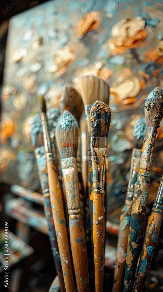 Fototapeta premium Various paint brushes are neatly arranged in a vase, showcasing an array of colors and sizes.