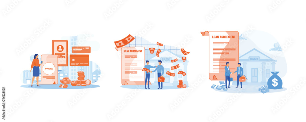 Banking service online. Personal loan or financial support. Businessman shaking hand with loan agreement and money bag. Set flat vector modern illustration