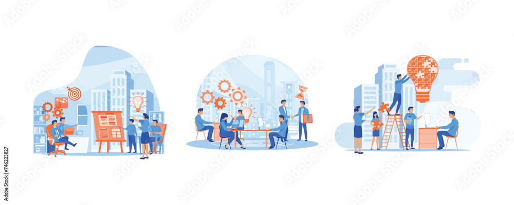 Career advancement. Online assistant at work. Working together in the company, brainstorming. Set flat vector modern illustration