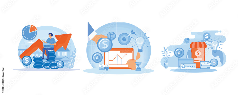 Financial consultant. Financial investments. Security financial savings and money turnover. Set  flat vector modern illustration