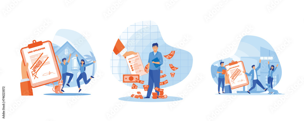 Mortgage or credit form. Satisfied businessman hold good financial notice. People borrow money from bank to buy real estate or auto. Set flat vector modern illustration