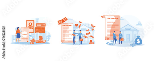 Banking service online. Personal loan or financial support. Businessman shaking hand with loan agreement and money bag. Set flat vector modern illustration