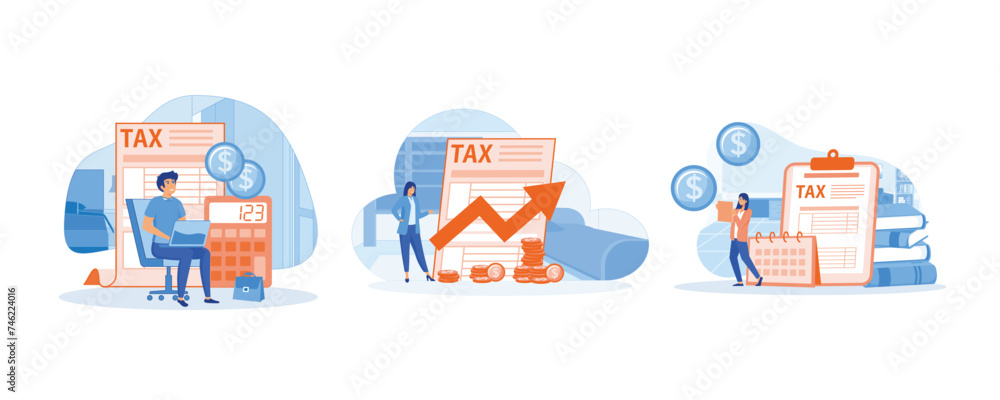Tax preparation. Taxable income. Payment planning. Set flat vector modern illustration 