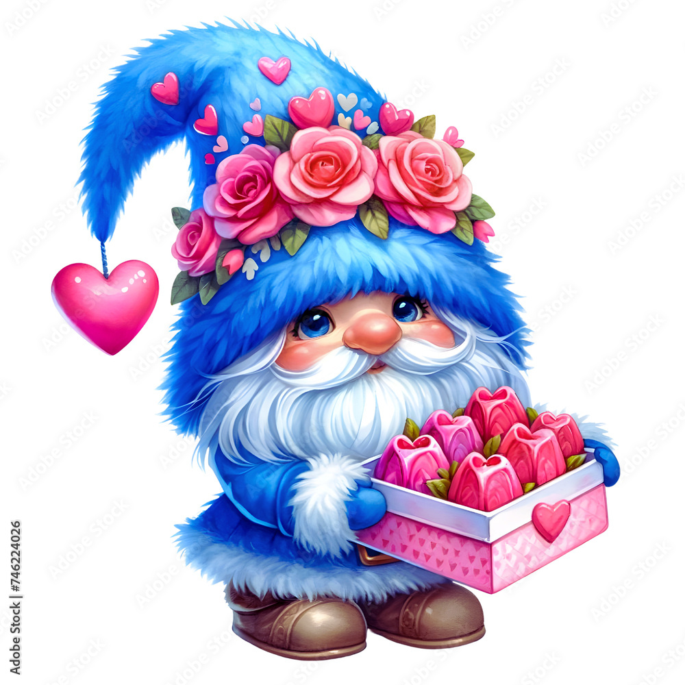 Obraz premium Gnome in love Fur Hat Blue Watercolor clipart PNG