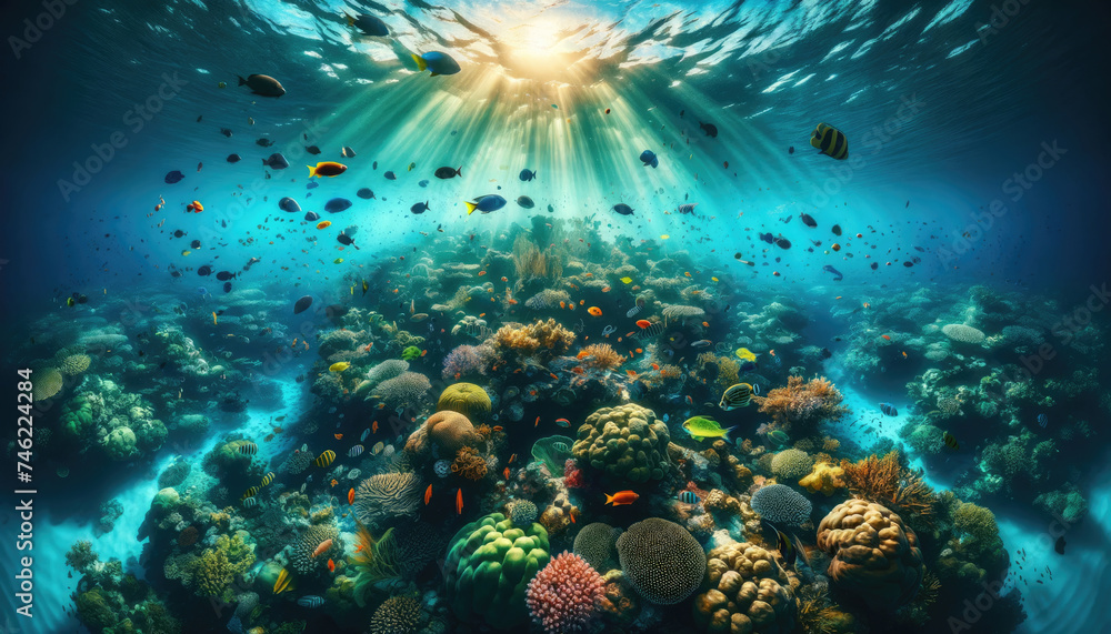 Fototapeta premium Vibrant Coral Reef and Tropical Fish Underwater