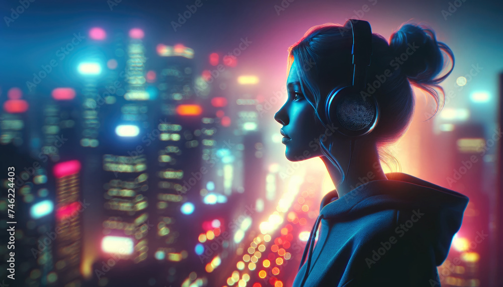 Futuristic Woman with Glowing Headphones in Cityscape Futuristic Woman with Glowing Headphones in Cityscape