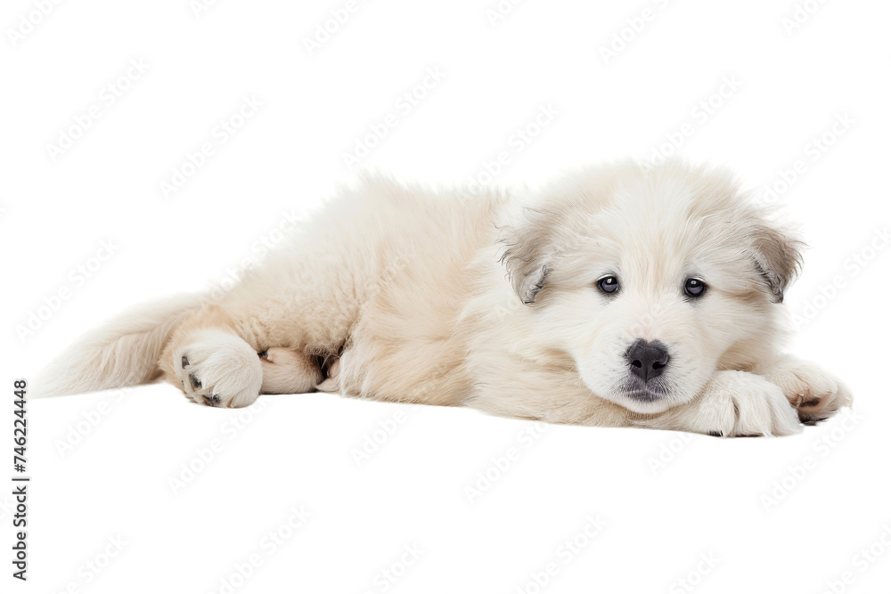 Great Pyrenees puppy lying down, isolated on transparent background.