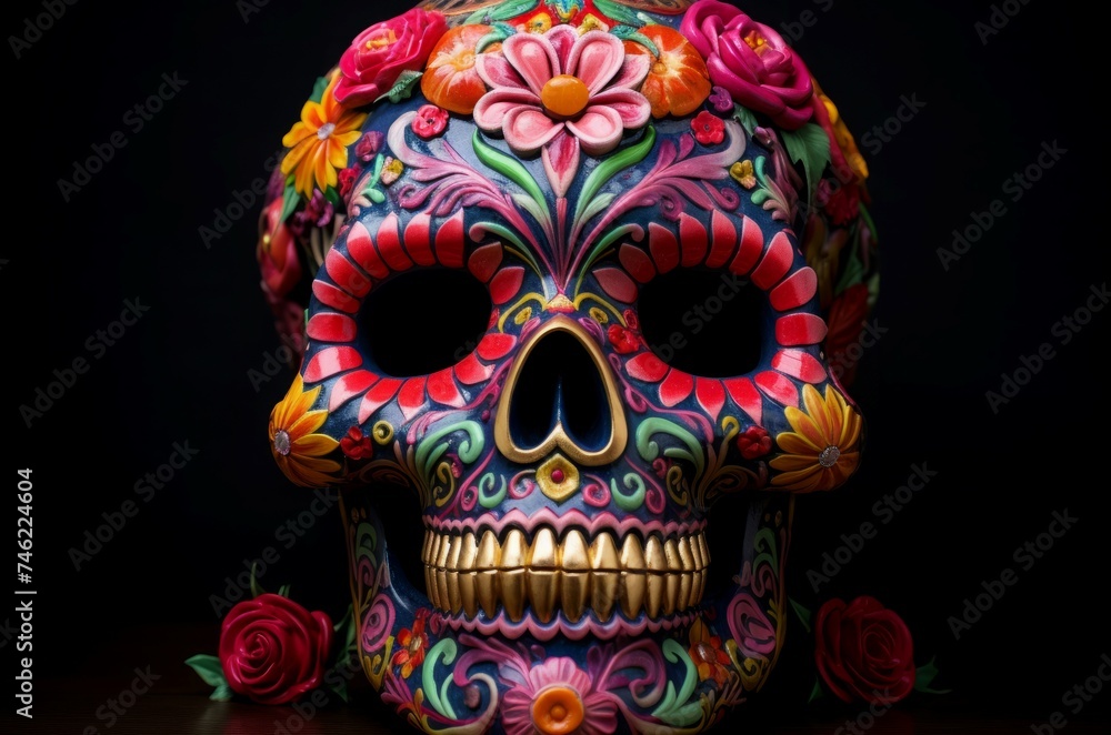 Vibrant Red flower dead skull. Mexican holiday. Generate Ai