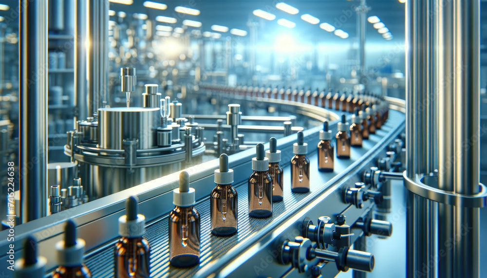 Fototapeta premium Pharmaceutical Production Line with Glass Bottles