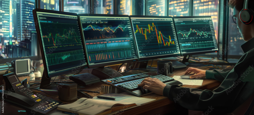 Fototapeta premium Nighttime Financial Analysis: Expert Concentrating on Trading Data Across Multiple Screens