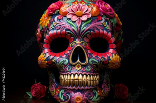 Vibrant Red flower dead skull. Mexican holiday. Generate Ai