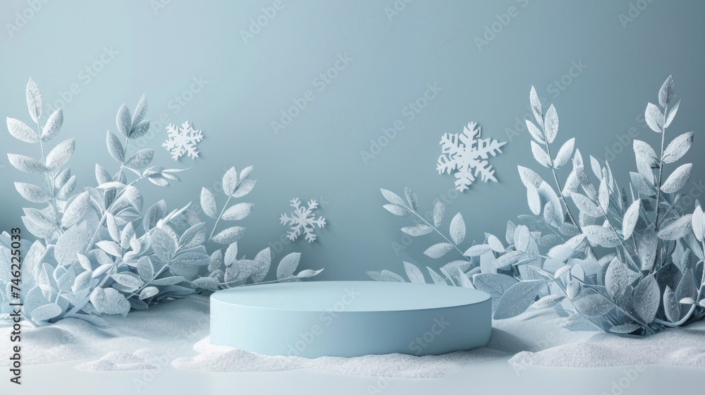 A serene winter display featuring a cylindrical podium surrounded by frosted leaves and delicate snowflakes against a cool blue backdrop.