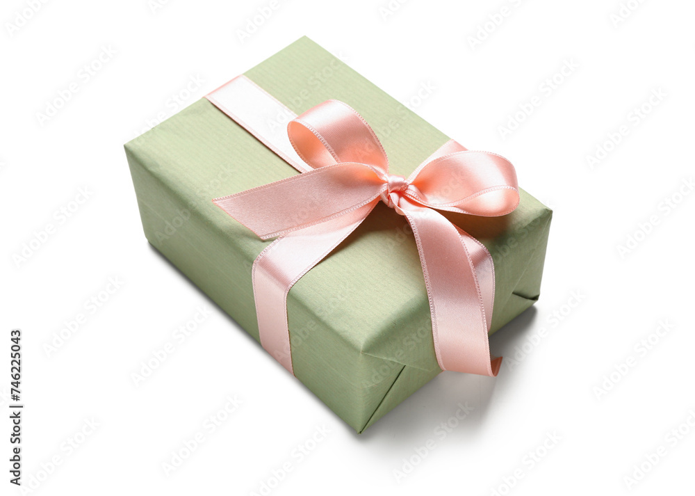 Green gift box with pink bow on white background. International Women's Day Green gift box with pink bow on white background. International Women's Day