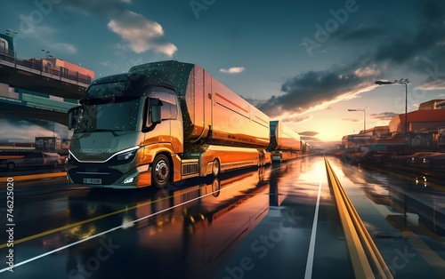 transportation and logistic with modern transport trucks in cargo, 3d illustration
