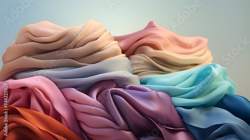 A stack of pastel-colored silk scarves fluttering in the breeze.