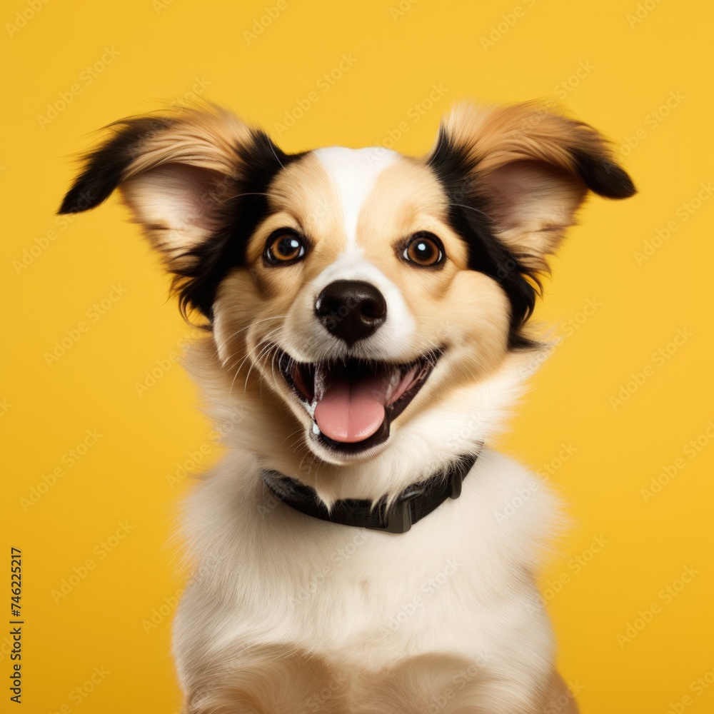 A close-up happy puppy dog on a yellow background
