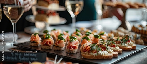 A selection of elegant canapes, light meals, and tapas displayed on a tray alongside wine glasses on a restaurant table. The appetizers look delicious and ready to be enjoyed by guests.