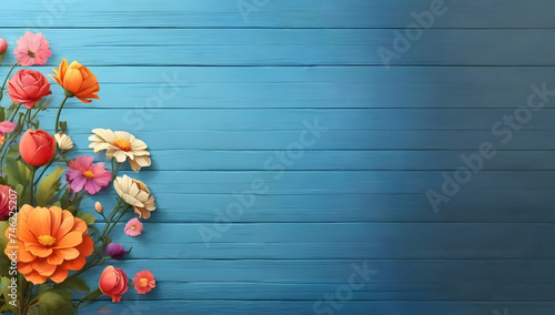 Top view image garden flowers over blue wooden table background. Backdrop with copy space. Spring Background.