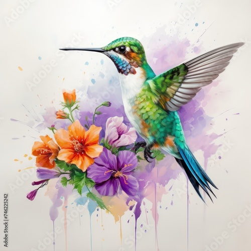 A colorful hummingbird with a long bill hovers near a purple flower.