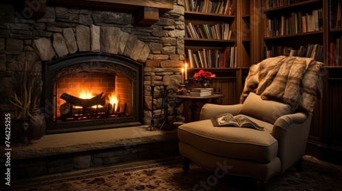 A cozy living room interior with a plush armchair and ottoman positioned in front of a brick fireplace