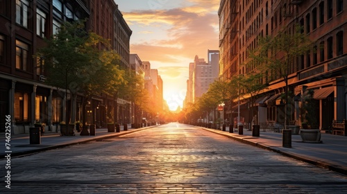 A deserted cobblestone street bathed in the warm glow of a sunset