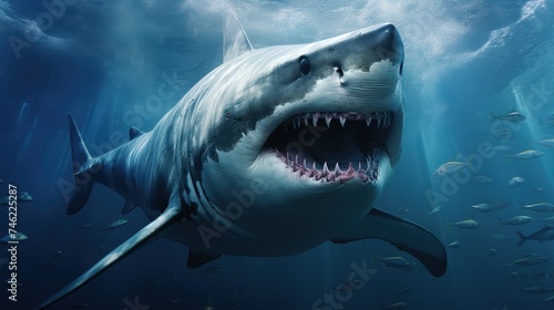 A great white shark swims through a clear blue ocean  sunlight filtering through the water.