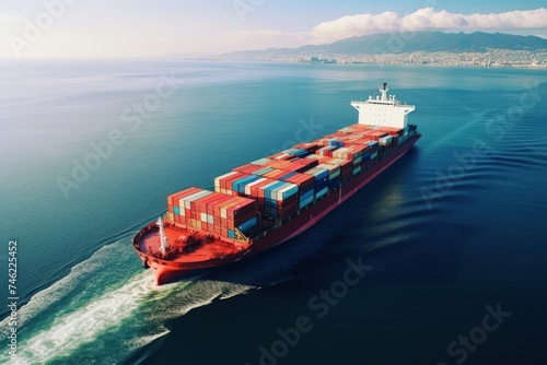 Aerial view of a container cargo ship at sea