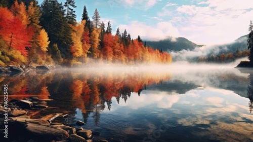 A breathtaking scene unfolds as the vibrant hues of autumn adorn the forest, reflecting in the tranquil waters below