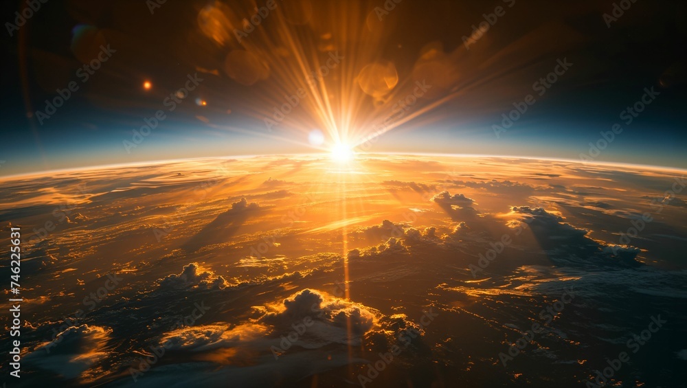 Image of Earth in space with the sunrise, reflection on the ocean - obrazy, fototapety, plakaty 