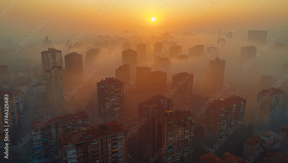 Aerial view of a city filled with PM 2.5 dust, air pollution and toxic smog