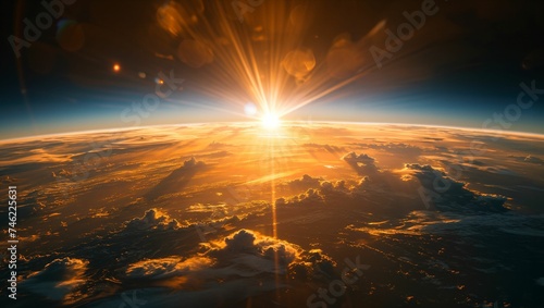 Image of Earth in space with the sunrise, reflection on the ocean