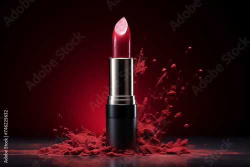 still life photo of a lipstick with additional effects on a colored background