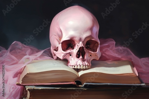 Intriguing Skull pink reading woman. People character. Generate Ai