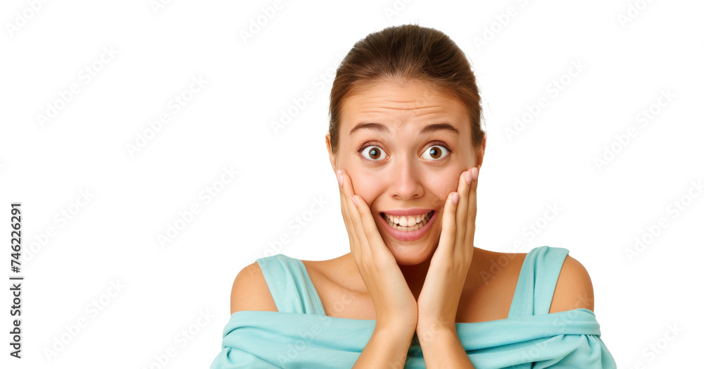 Surprised young woman with hands on cheeks, wide-eyed, transparent background Surprised young woman with hands on cheeks, wide-eyed, transparent background