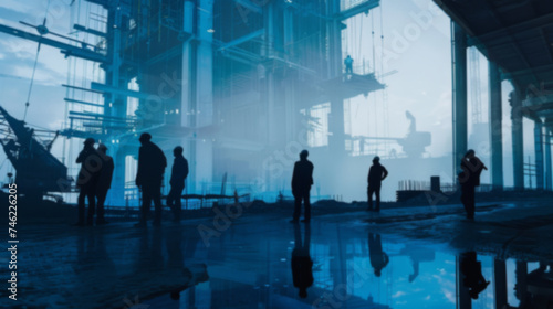 engineering construction infrastructure ideas concept silhouette of business people standing teamwork together multi exposure with industrial building construction in blue and gray color tone