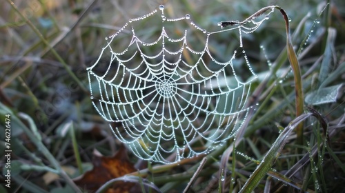 Close-up of a spider web covered in morning dew, showcasing the delicate balance of nature.