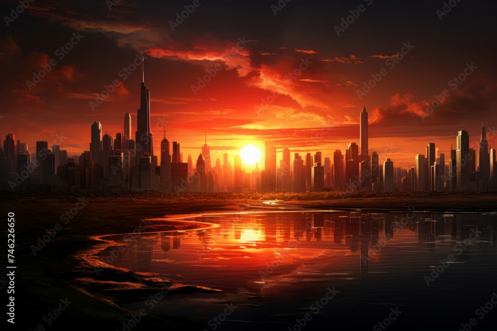 Naklejka premium Breathtaking Skyline city sunset lake. Modern urban. Generate Ai