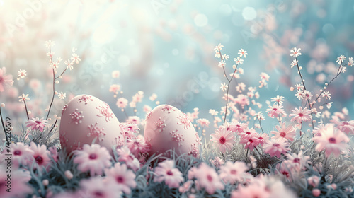 Decorated Easter eggs hidden among pink spring flowers in meadow.