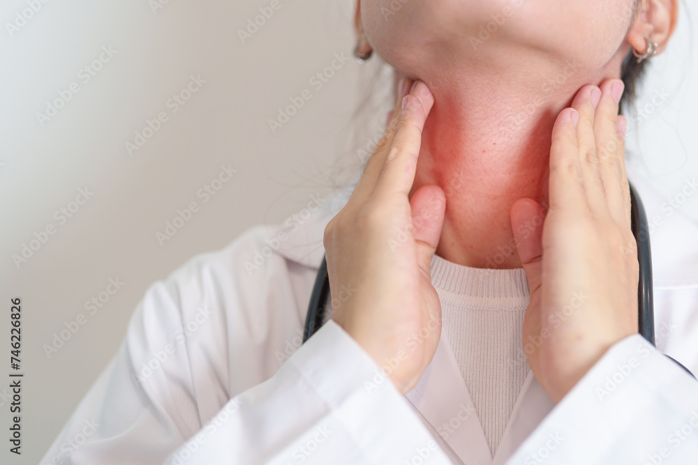 Woman checking Thyroid gland disease. Hand holding Neck pain. Hyperthyroidism, Hypothyroidism, Hashimoto Thyroiditis, Thyroid Tumor and Cancer, Postpartum, Papillary Carcinoma and Health concept Woman checking Thyroid gland disease. Hand holding Neck pain. Hyperthyroidism, Hypothyroidism, Hashimoto Thyroiditis, Thyroid Tumor and Cancer, Postpartum, Papillary Carcinoma and Health concept